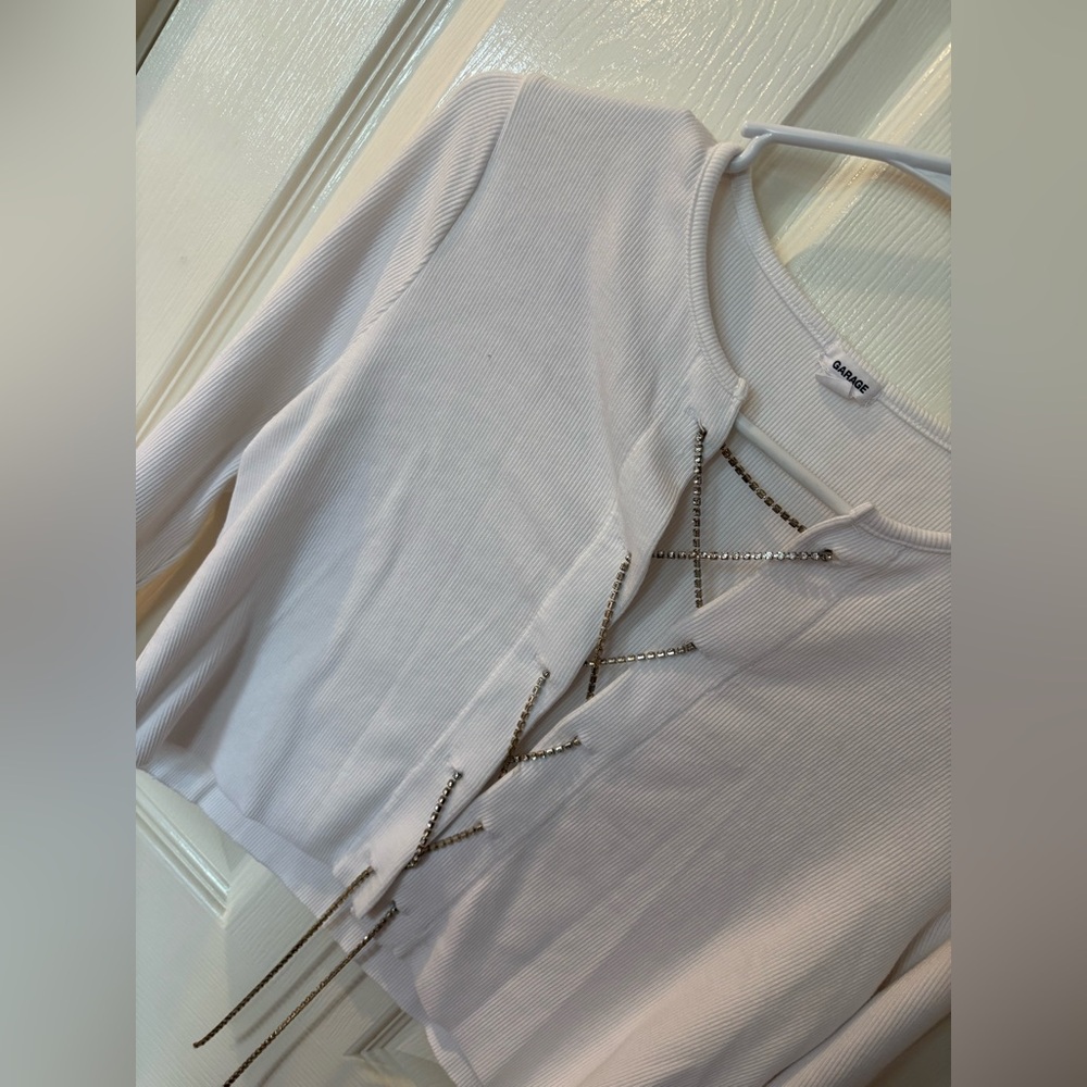 Garage White Long-Sleeve Top with Chain Detail